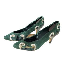 Vintage 80s Jasmin Pumps High Heel Shoes Green Silver Leather 6B